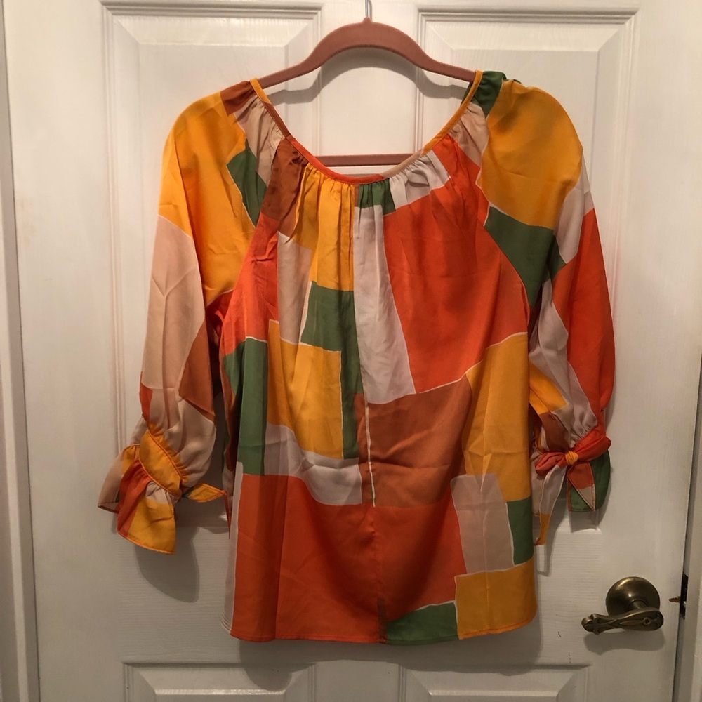 easel blouse colorblock lightweight boho peasant 3/4 sleeve orange caramel green - Picture 5 of 9